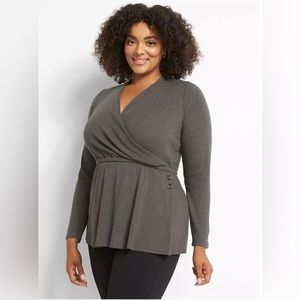 Long Sleeve Faux Wrap Knit Top With Buttons In Rib